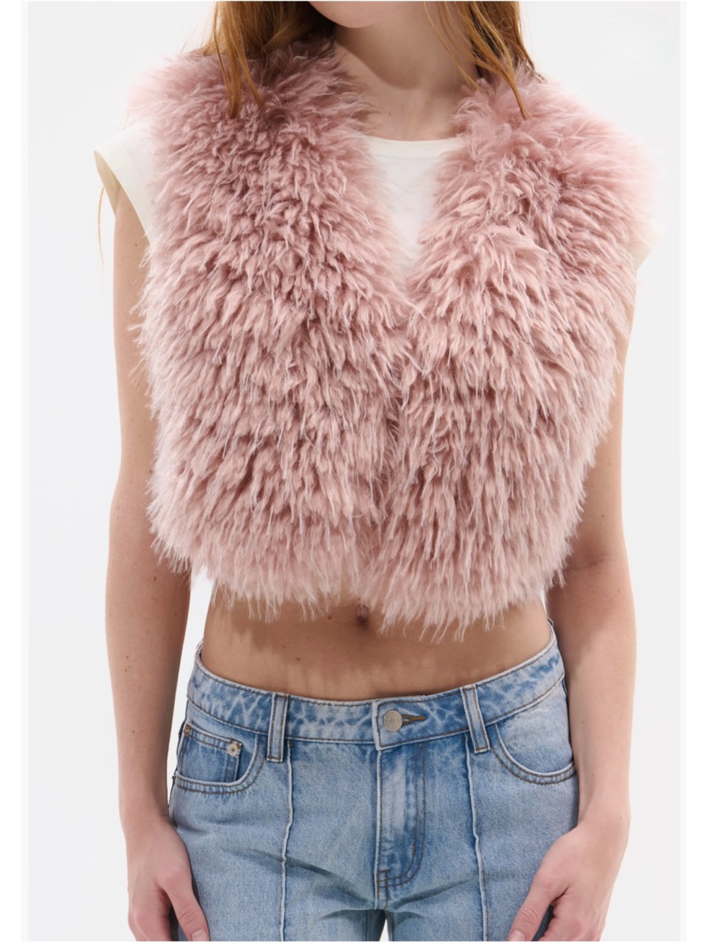 Azalea Wang Camille Pink Faux Fur Vest Large Blush Open Front Shaggy Glam
